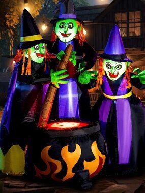 6 FT Tall Halloween Inflatables Three Witch Around Cauldron with Flame Lights